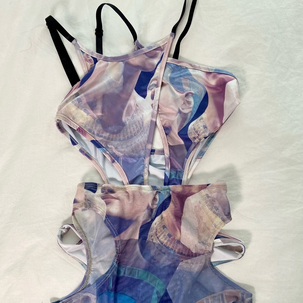 Abstract print bodysuit + mesh skirt set